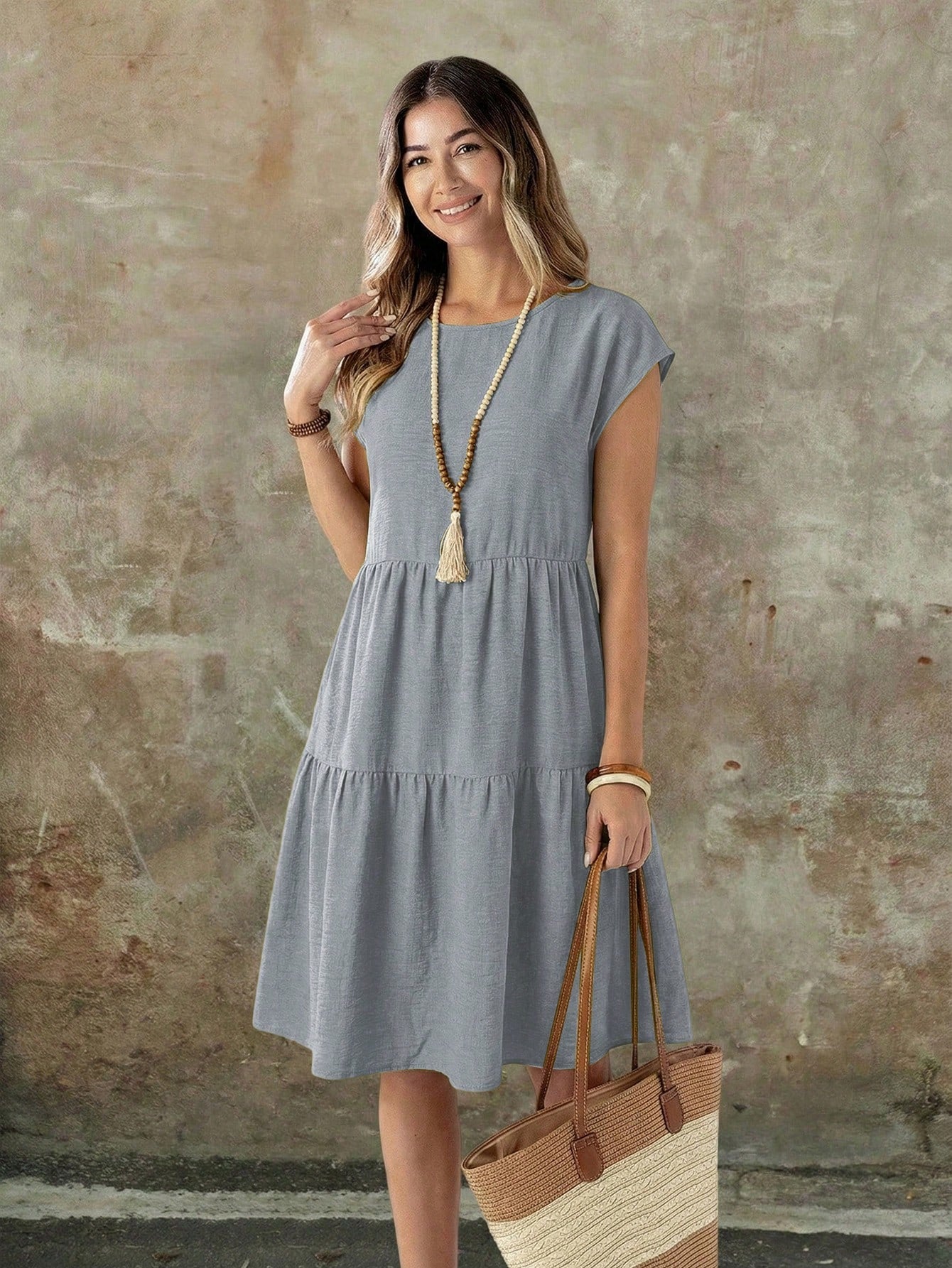 EMERY ROSE Spring/Summer Casual Everyday Outing Faux Linen Green Short Sleeve Round Neck Mid-Length Dress For Women