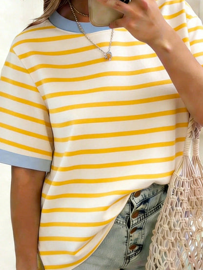 EMERY ROSE Striped Round Neck Casual Short Sleeved T-Shirt, Plus Size Women's T-Shirt, Summer