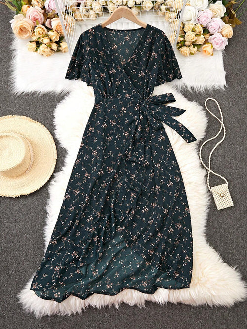 EMERY ROSE Summer Casual Ditsy Floral Print V-Neck Wrap Dress Maxi Women Outfit
