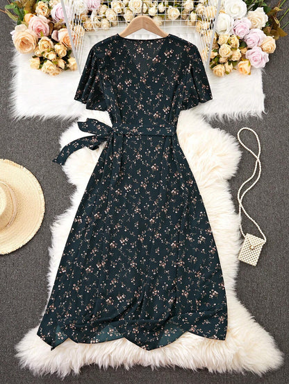 EMERY ROSE Summer Casual Ditsy Floral Print V-Neck Wrap Dress Maxi Women Outfit