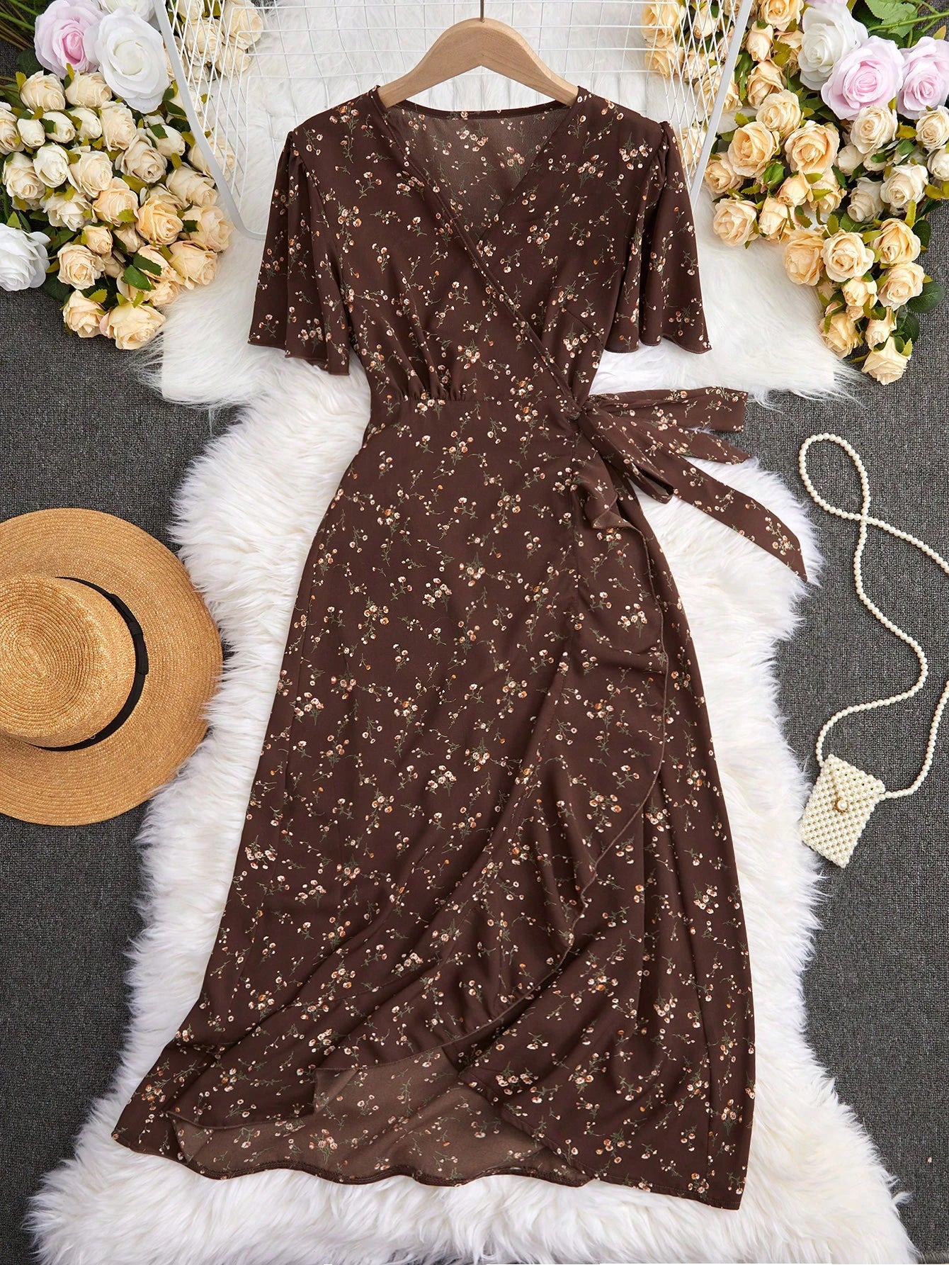 EMERY ROSE Summer Casual Ditsy Floral Print V-Neck Wrap Dress Maxi Women Outfit