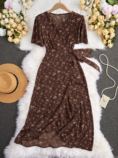 EMERY ROSE Summer Casual Ditsy Floral Print V-Neck Wrap Dress Maxi Women Outfit