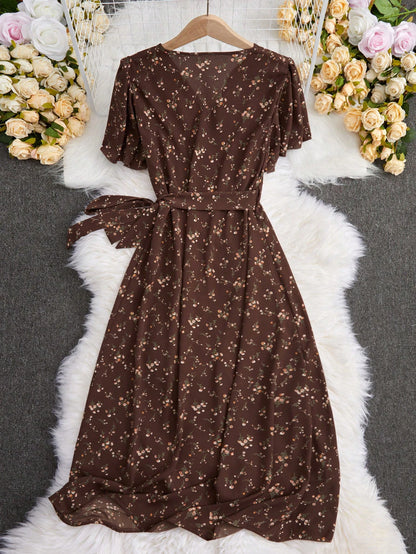 EMERY ROSE Summer Casual Ditsy Floral Print V-Neck Wrap Dress Maxi Women Outfit