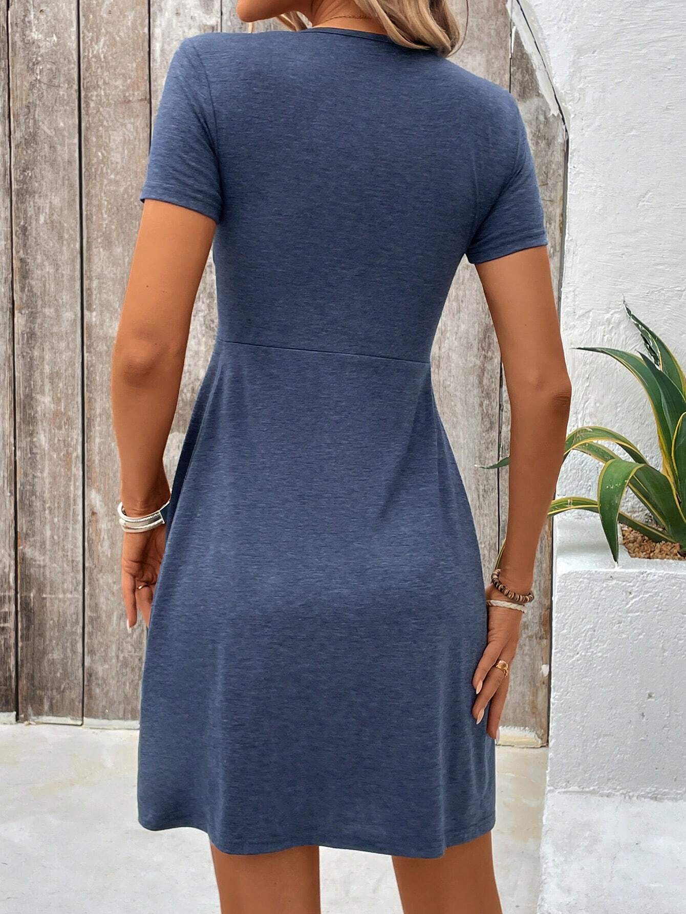 EMERY ROSE Summer Casual V-Neck Twist Front Short Sleeve Mini Dress