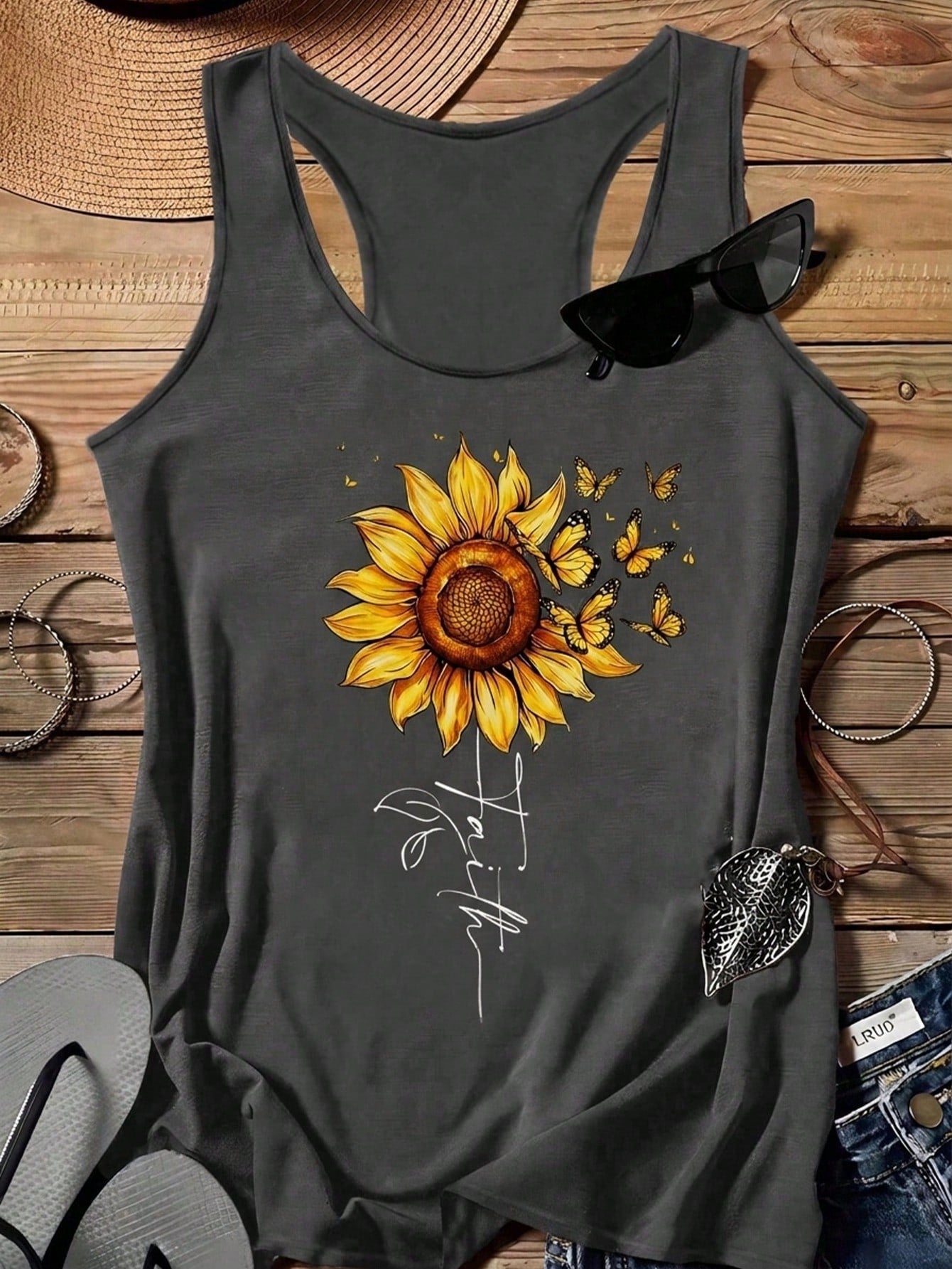 EMERY ROSE Sunflower Print Casual Minimalist Camisole Tank Top, Suitable For Plus Size In Summer Back To School,Spring/Vacation