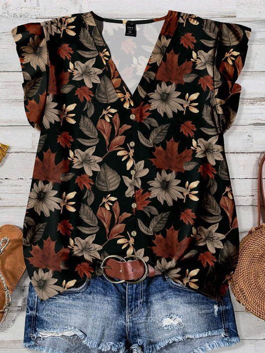 EMERY ROSE VCAY Vintage Fall Leaf & Floral Print Casual Plus Size Women Blouse, Suitable For Summer Chic Blouse,Flower/Vacation/Spring