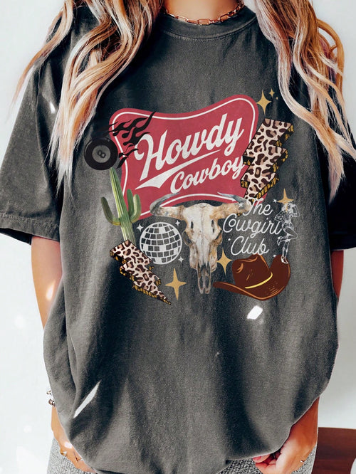 EMERY ROSE Western Graphic Tee Feeling Lucky Rodeo Shirt Retro Country Concert Top, Print Round Neck Casual Women T-Shirt, Lightweight Spring/Summer