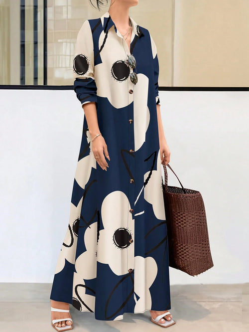 EMERY ROSE Women Long Sleeve Button Front Printed Mid-Length Casual Dress, Random Print Maxi Women Outfit Fall Cloth For Women