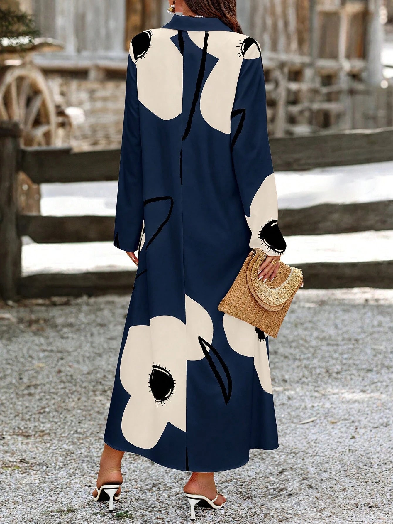 EMERY ROSE Women Long Sleeve Button Front Printed Mid-Length Casual Dress, Random Print Maxi Women Outfit Fall Cloth For Women