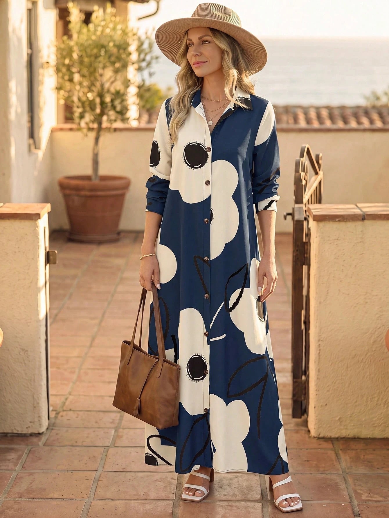 EMERY ROSE Women Long Sleeve Button Front Printed Mid-Length Casual Dress, Random Print Maxi Women Outfit Fall Cloth For Women