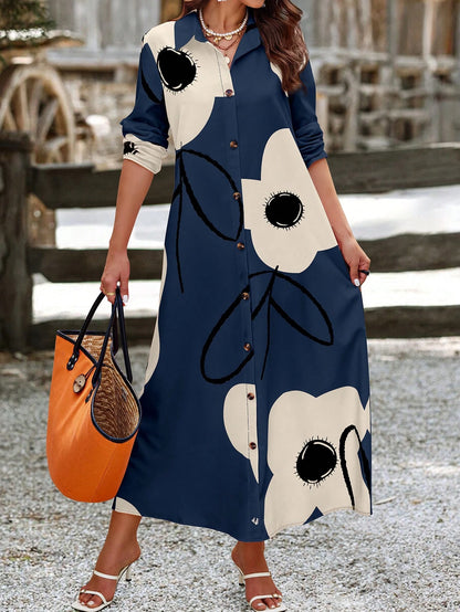 EMERY ROSE Women Long Sleeve Button Front Printed Mid-Length Casual Dress, Random Print Maxi Women Outfit Fall Cloth For Women
