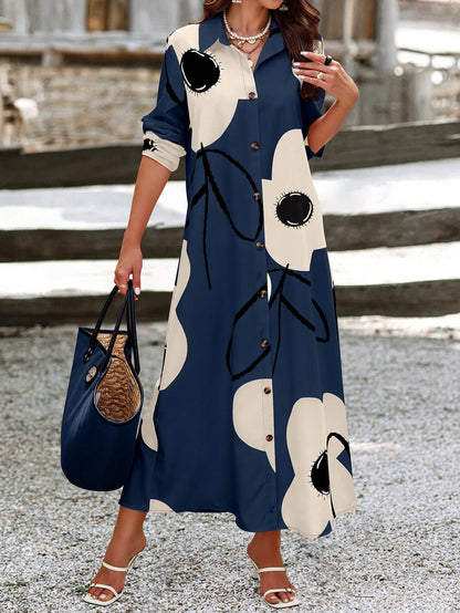 EMERY ROSE Women Long Sleeve Button Front Printed Mid-Length Casual Dress, Random Print Maxi Women Outfit Fall Cloth For Women