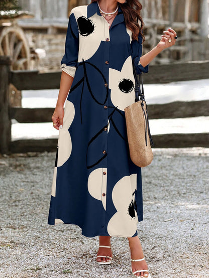 EMERY ROSE Women Long Sleeve Button Front Printed Mid-Length Casual Dress, Random Print Maxi Women Outfit Fall Cloth For Women