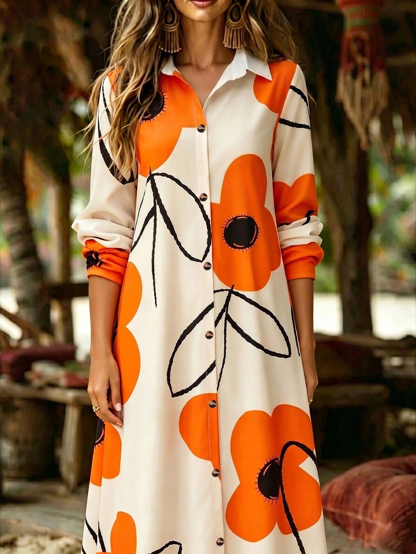 EMERY ROSE Women Long Sleeve Button Front Printed Mid-Length Casual Dress, Random Print Maxi Women Outfit Fall Cloth For Women