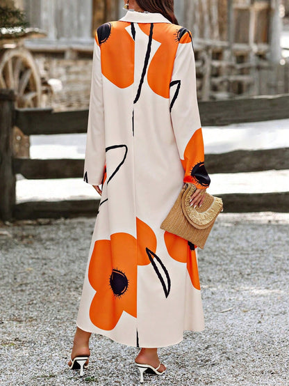 EMERY ROSE Women Long Sleeve Button Front Printed Mid-Length Casual Dress, Random Print Maxi Women Outfit Fall Cloth For Women
