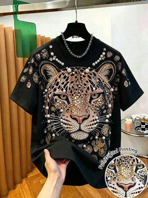 EMERY ROSE Women Rhinestone Leopard Print Crew Neck Short Sleeve Tee