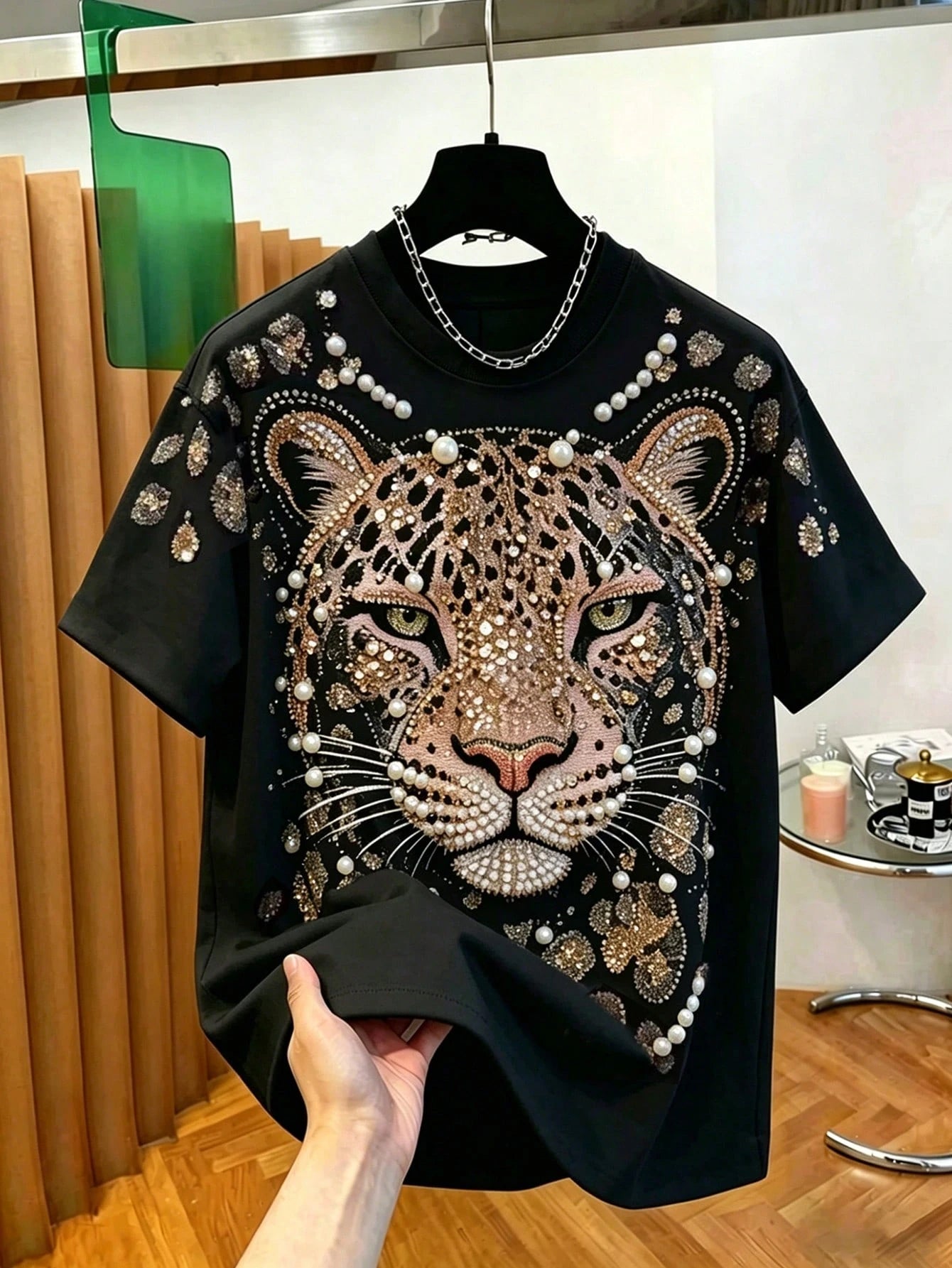 EMERY ROSE Women Rhinestone Leopard Print Crew Neck Short Sleeve Tee