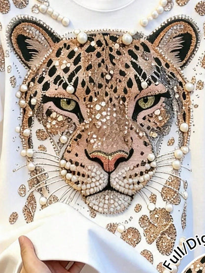 EMERY ROSE Women Rhinestone Leopard Print Crew Neck Short Sleeve Tee