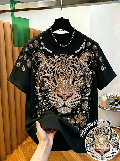 EMERY ROSE Women Rhinestone Leopard Print Crew Neck Short Sleeve Tee