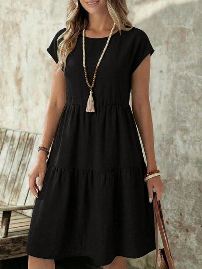 EMERY ROSE Women's Casual Linen-Like Black Dress For Women,Summer Short Sleeve Round Neck Mid-Length Resort Wear Vacation Dress For Any Occasion