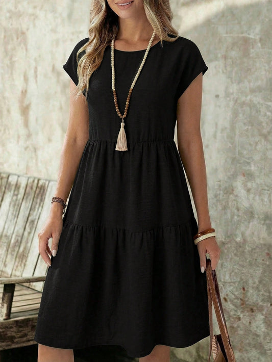 EMERY ROSE Women's Casual Linen-Like Black Dress For Women,Summer Short Sleeve Round Neck Mid-Length Resort Wear Vacation Dress For Any Occasion