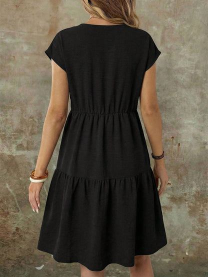 EMERY ROSE Women's Casual Linen-Like Black Dress For Women,Summer Short Sleeve Round Neck Mid-Length Resort Wear Vacation Dress For Any Occasion