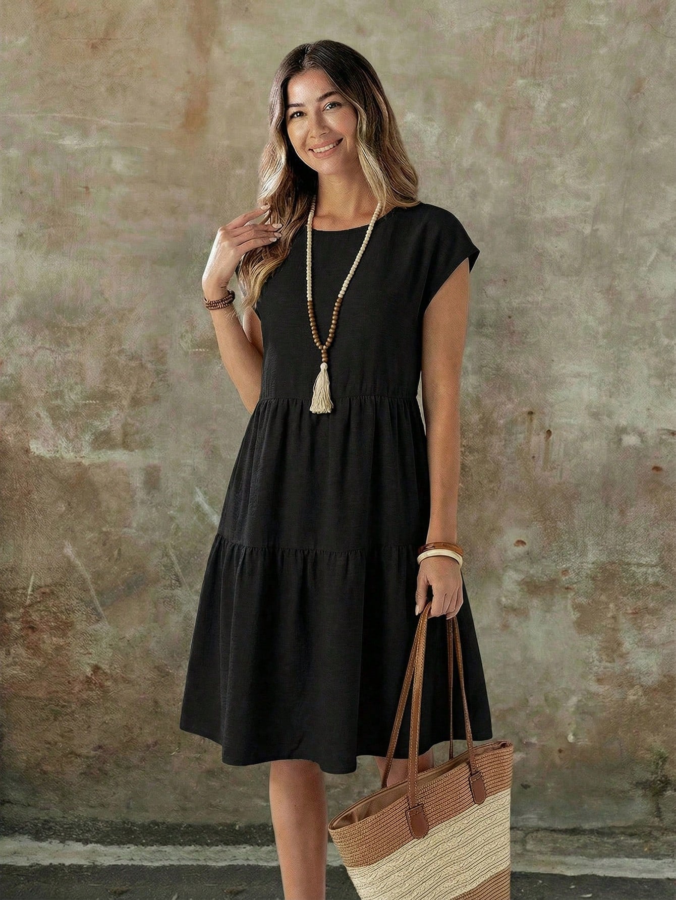 EMERY ROSE Women's Casual Linen-Like Black Dress For Women,Summer Short Sleeve Round Neck Mid-Length Resort Wear Vacation Dress For Any Occasion