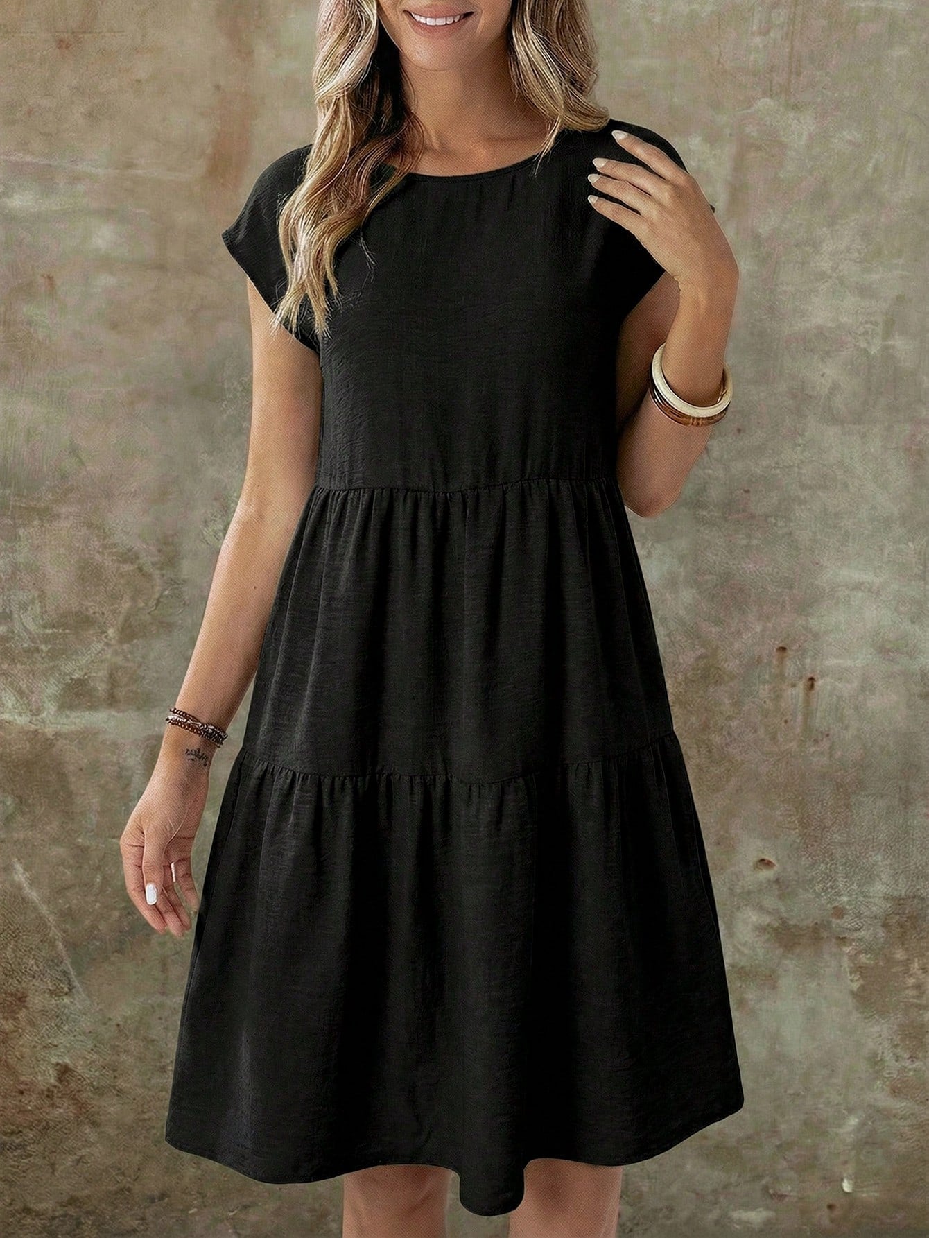 EMERY ROSE Women's Casual Linen-Like Black Dress For Women,Summer Short Sleeve Round Neck Mid-Length Resort Wear Vacation Dress For Any Occasion