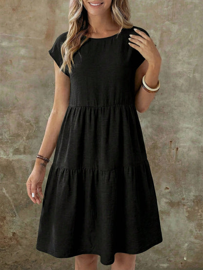 EMERY ROSE Women's Casual Linen-Like Black Dress For Women,Summer Short Sleeve Round Neck Mid-Length Resort Wear Vacation Dress For Any Occasion
