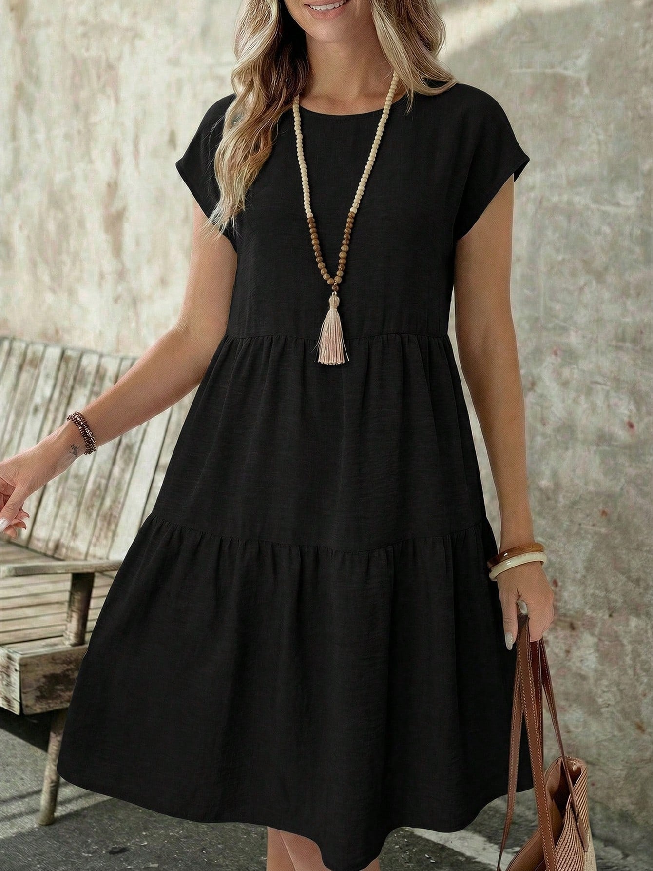 EMERY ROSE Women's Casual Linen-Like Black Dress For Women,Summer Short Sleeve Round Neck Mid-Length Resort Wear Vacation Dress For Any Occasion