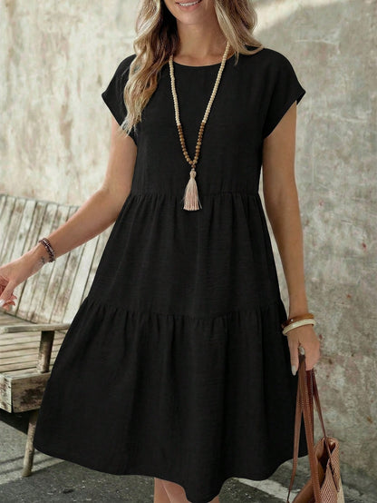 EMERY ROSE Women's Casual Linen-Like Black Dress For Women,Summer Short Sleeve Round Neck Mid-Length Resort Wear Vacation Dress For Any Occasion