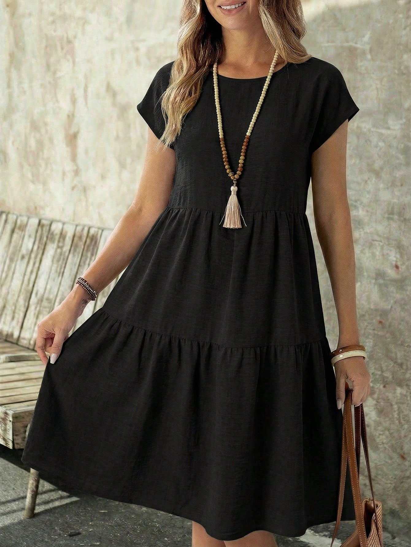 EMERY ROSE Women's Casual Linen-Like Black Dress For Women,Summer Short Sleeve Round Neck Mid-Length Resort Wear Vacation Dress For Any Occasion