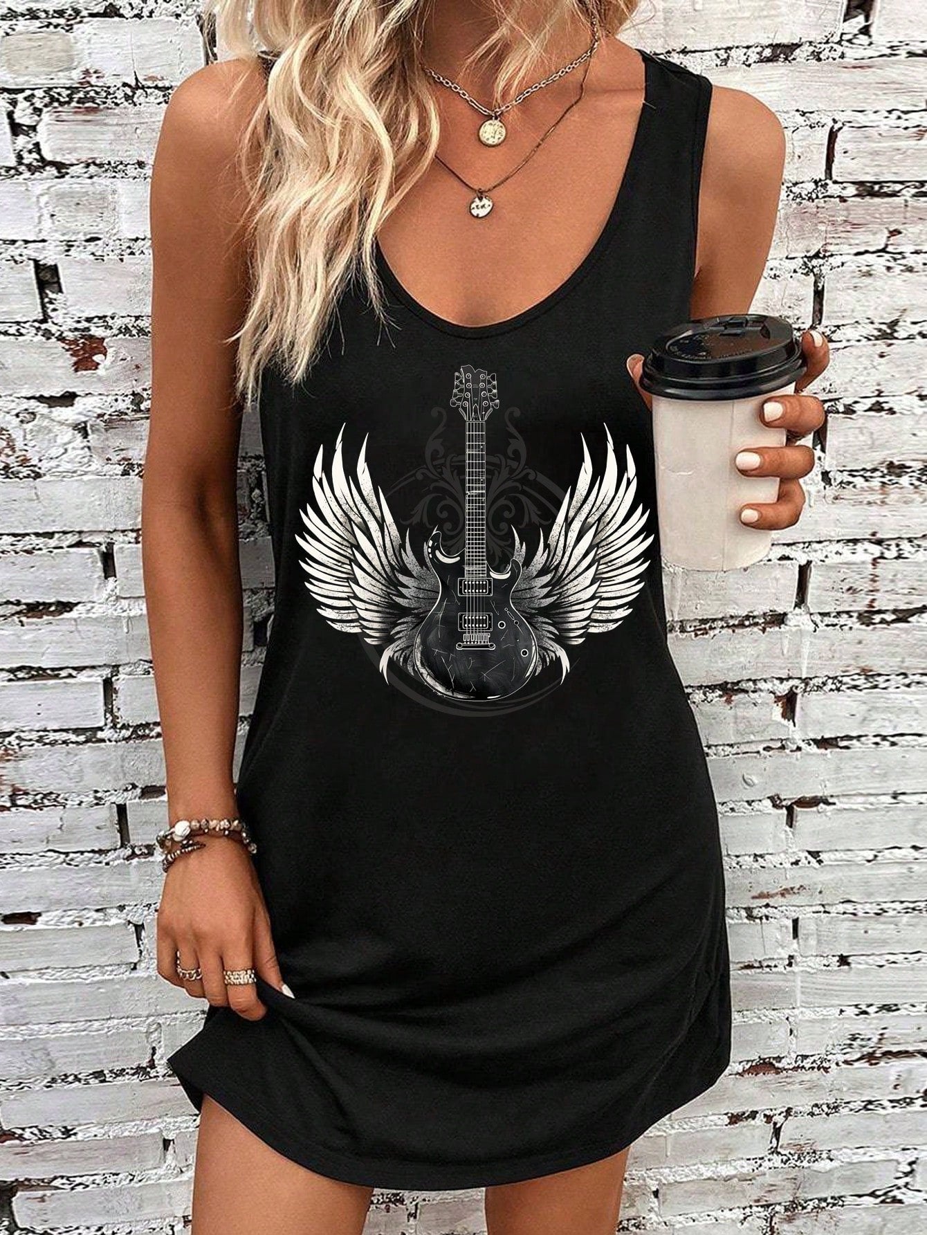 EMERY ROSE Women's Casual Minimalist Butterfly & Guitar Graphic Round Neck Sleeveless Mini Dress, Suitable For Summer