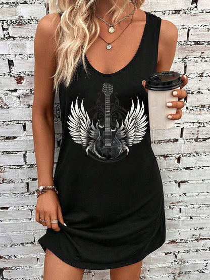 EMERY ROSE Women's Casual Minimalist Butterfly & Guitar Graphic Round Neck Sleeveless Mini Dress, Suitable For Summer