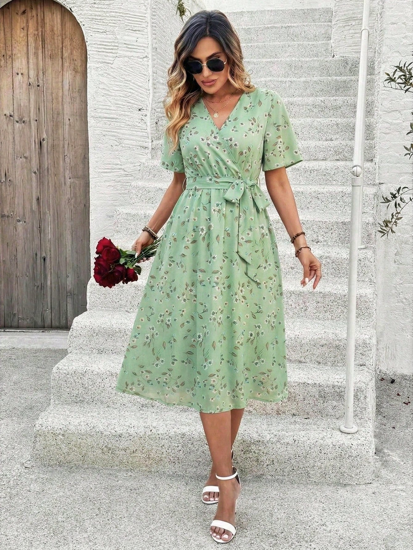 EMERY ROSE Women's Elegant Ditsy Floral Midi Dress, Summer,Shirt Dresses For Women