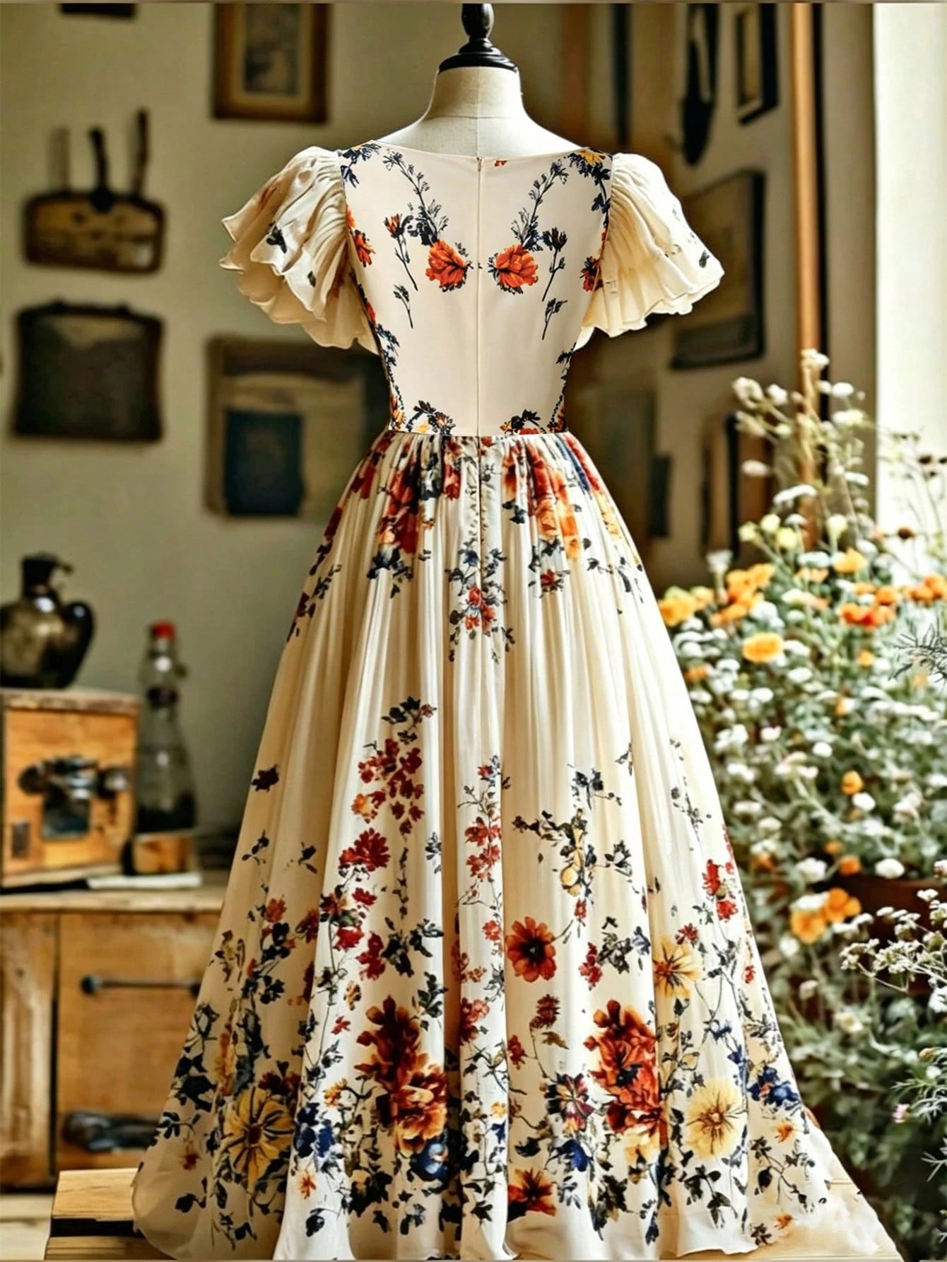 EMERY ROSE Women's Elegant Floral Print V-Neck Flutter Sleeve Cinched Waist Dress, Vacation Style