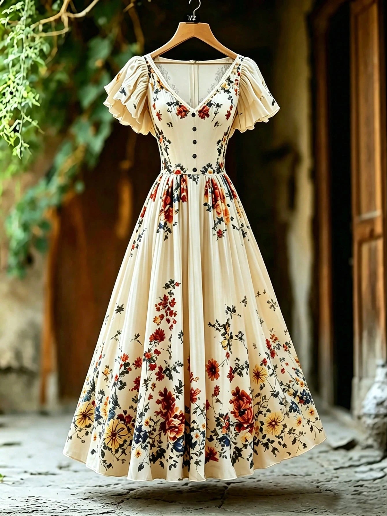 EMERY ROSE Women's Elegant Floral Print V-Neck Flutter Sleeve Cinched Waist Dress, Vacation Style