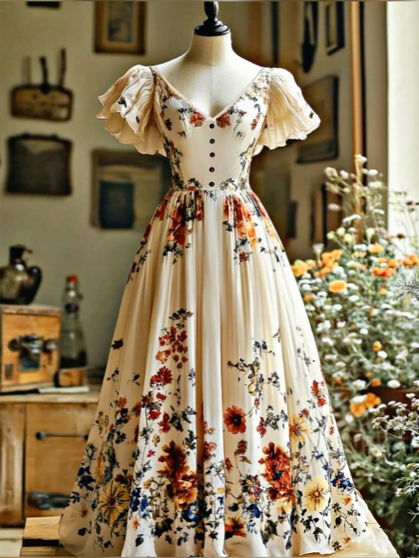 EMERY ROSE Women's Elegant Floral Print V-Neck Flutter Sleeve Cinched Waist Dress, Vacation Style