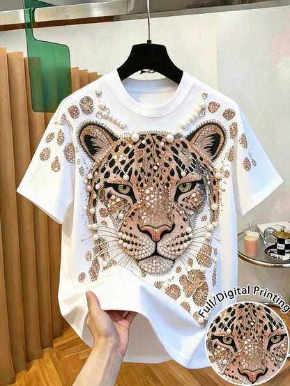 EMERY ROSE Women's Faux Rhinestone Leopard Print Crew Neck Short Sleeve T-Shirt