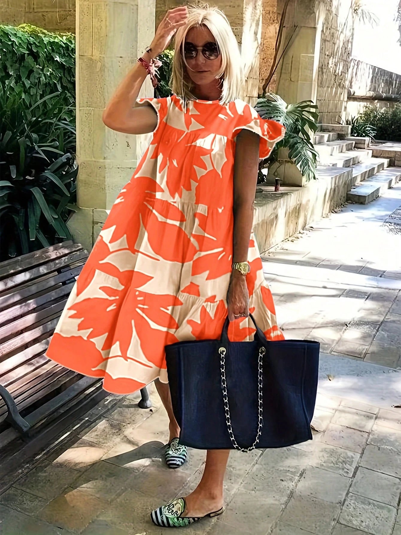 EMERY ROSE Women's Geometric Pattern Round Neck Ruffle Sleeve Loose Casual Dress