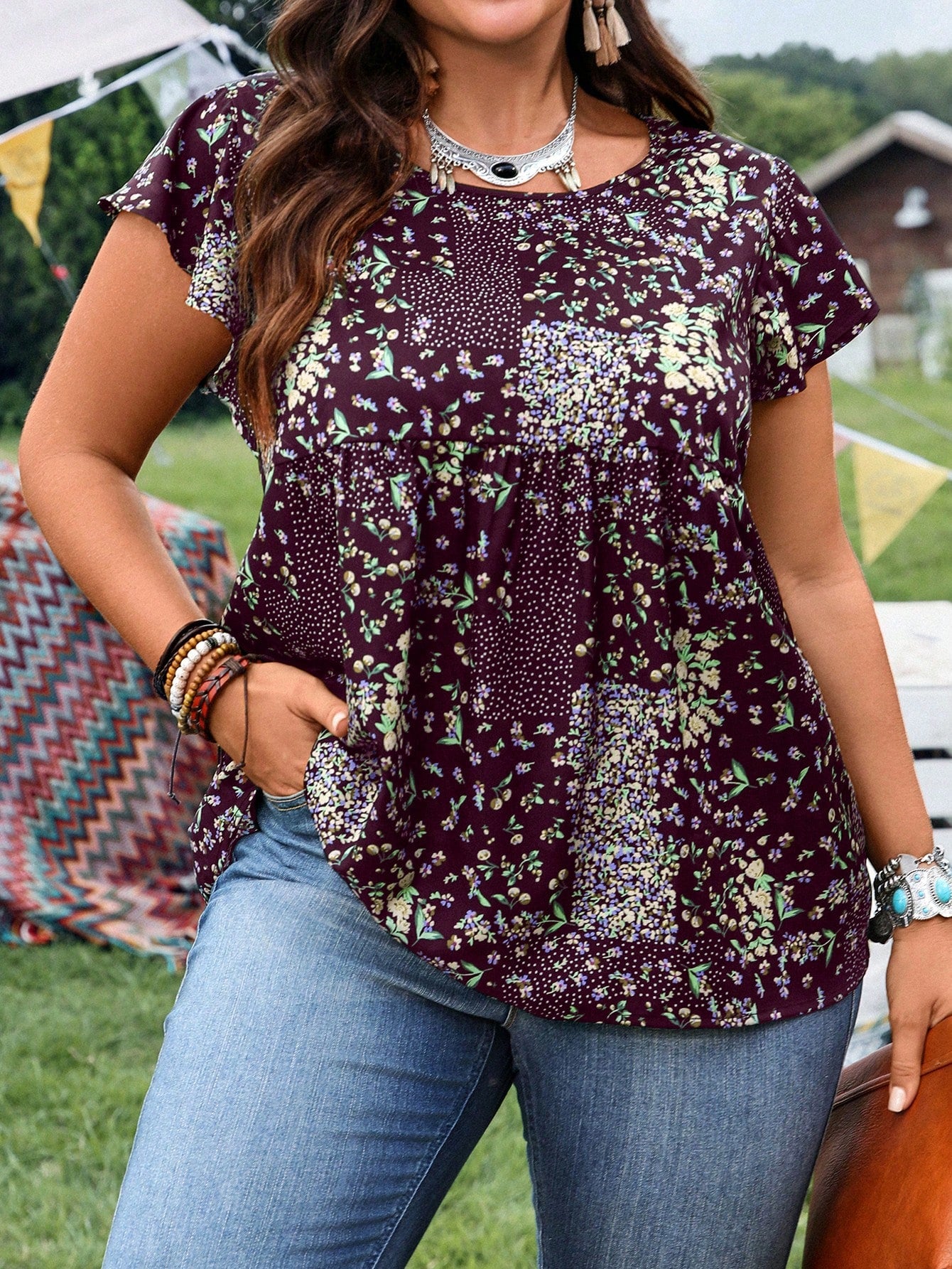 EMERY ROSE Women's Plus Size Burgundy Ditsy Floral Casual Shirt,Summer Boho Picnic Vacation Outfits,Western Country Concert Style,Business Formal Clothing