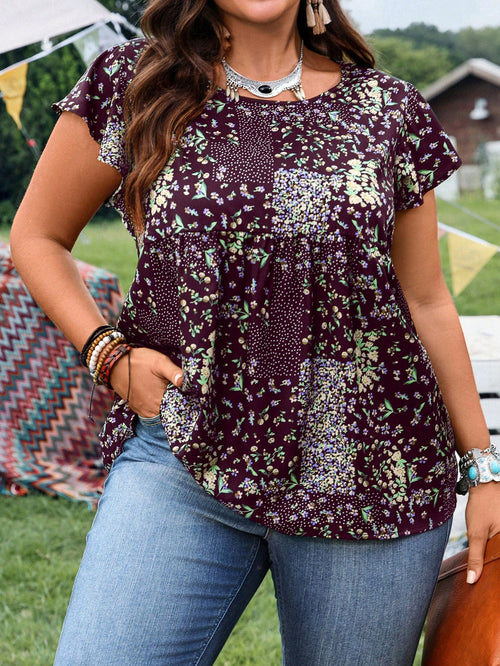 EMERY ROSE Women's Plus Size Burgundy Ditsy Floral Casual Shirt,Summer Boho Picnic Vacation Outfits,Western Country Concert Style,Business Formal Clothing