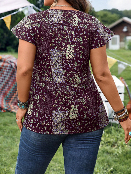 EMERY ROSE Women's Plus Size Burgundy Ditsy Floral Casual Shirt,Summer Boho Picnic Vacation Outfits,Western Country Concert Style,Business Formal Clothing