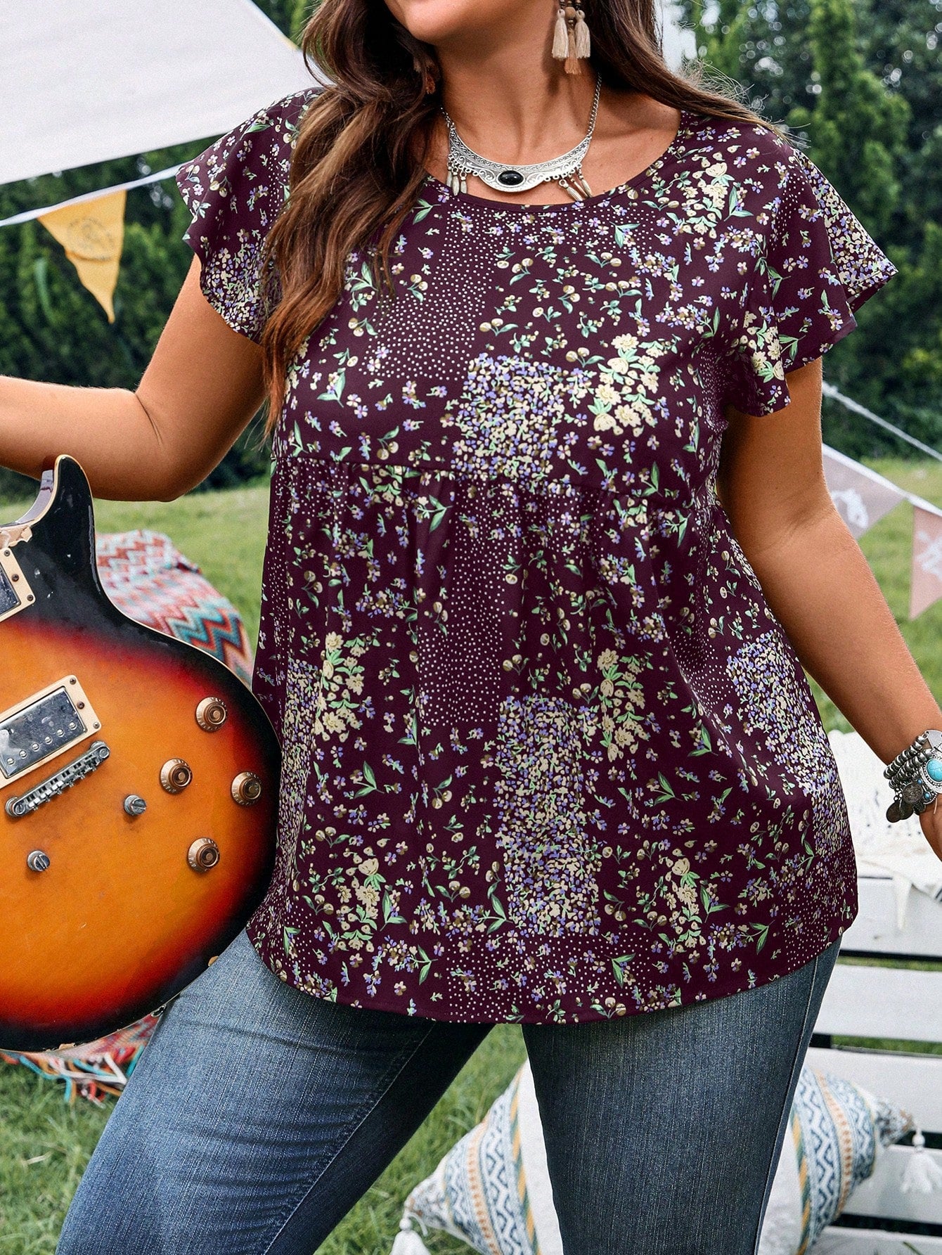 EMERY ROSE Women's Plus Size Burgundy Ditsy Floral Casual Shirt,Summer Boho Picnic Vacation Outfits,Western Country Concert Style,Business Formal Clothing