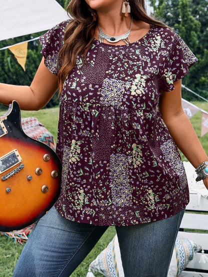 EMERY ROSE Women's Plus Size Burgundy Ditsy Floral Casual Shirt,Summer Boho Picnic Vacation Outfits,Western Country Concert Style,Business Formal Clothing