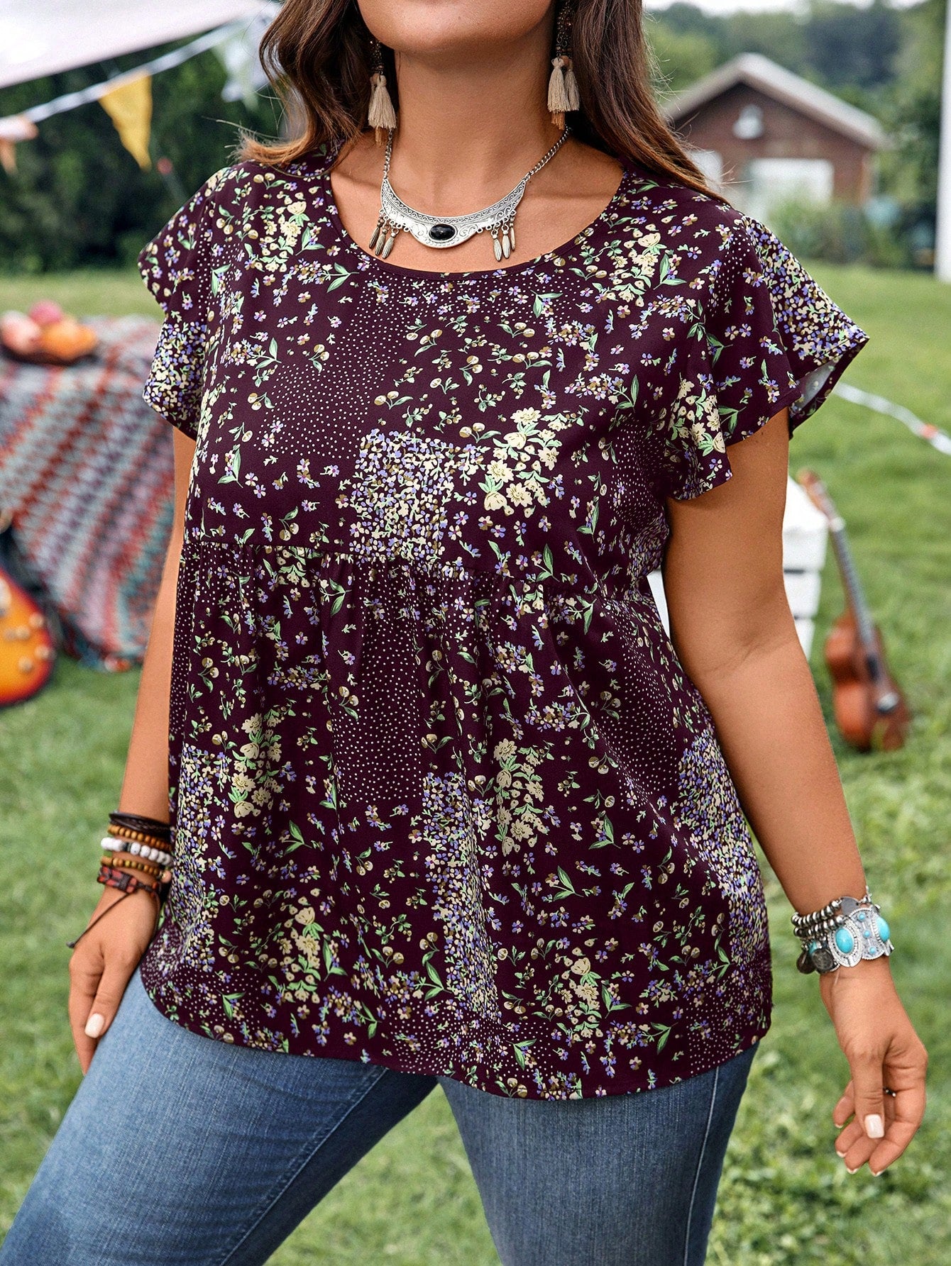 EMERY ROSE Women's Plus Size Burgundy Ditsy Floral Casual Shirt,Summer Boho Picnic Vacation Outfits,Western Country Concert Style,Business Formal Clothing