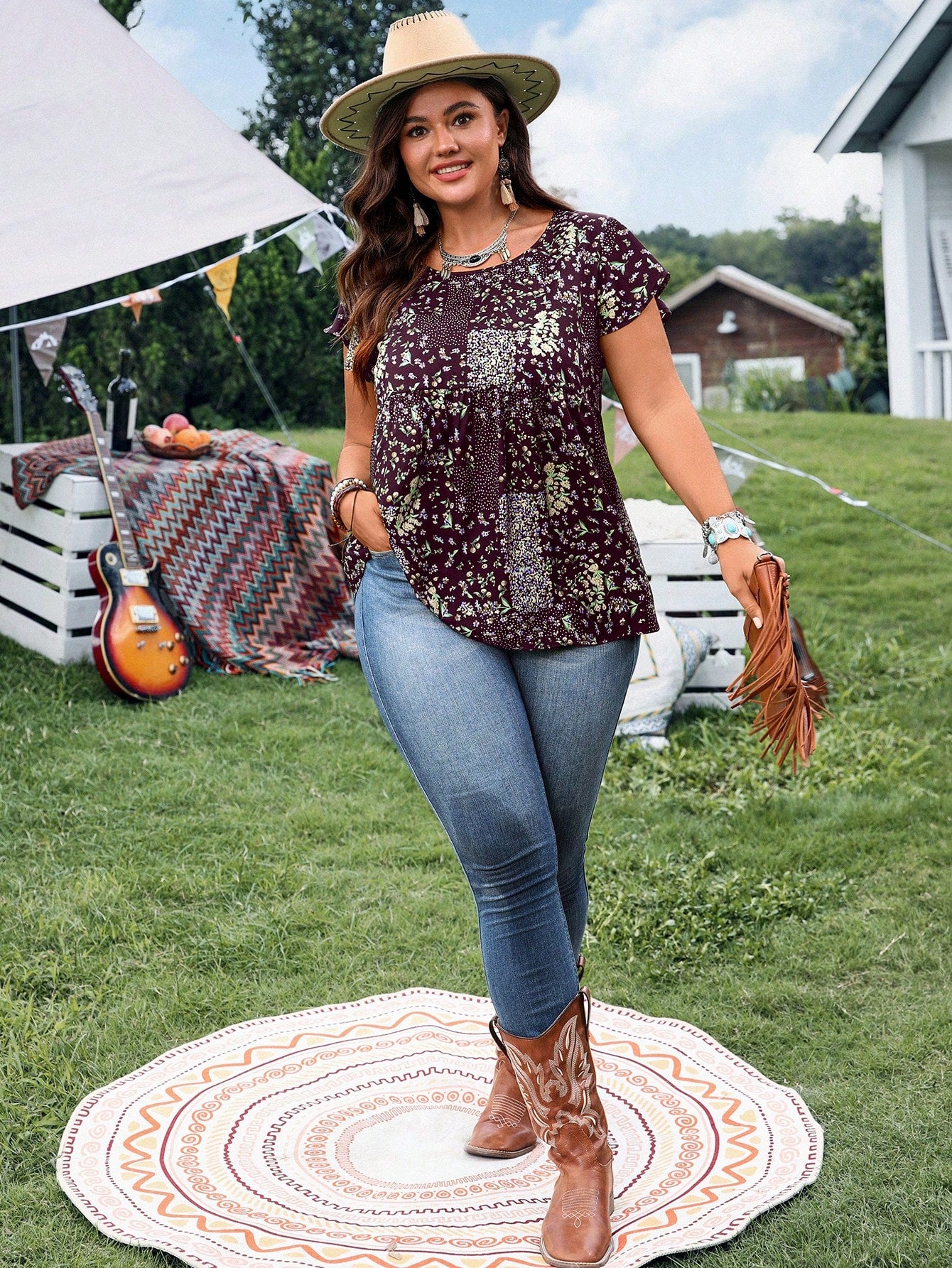 EMERY ROSE Women's Plus Size Burgundy Ditsy Floral Casual Shirt,Summer Boho Picnic Vacation Outfits,Western Country Concert Style,Business Formal Clothing