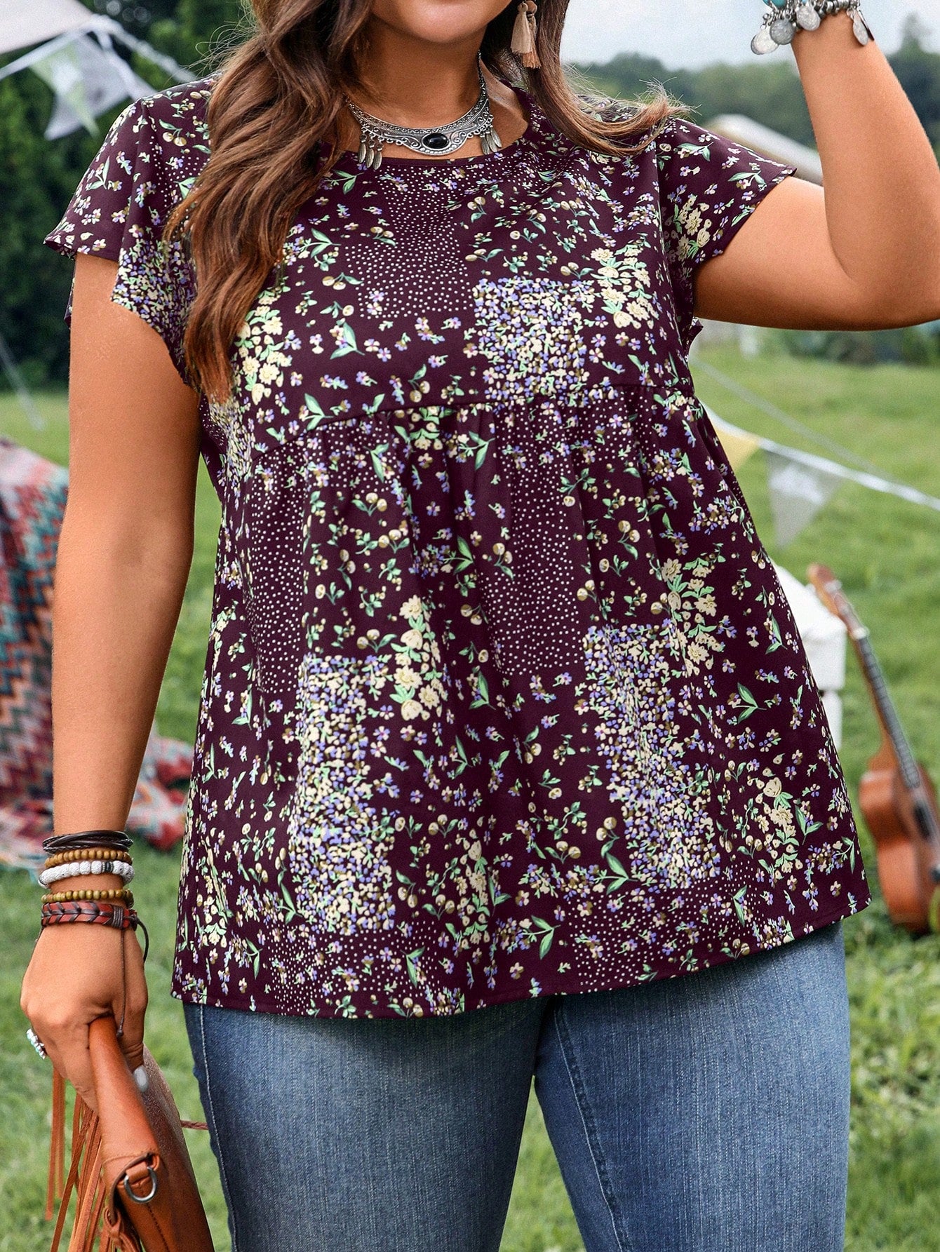 EMERY ROSE Women's Plus Size Burgundy Ditsy Floral Casual Shirt,Summer Boho Picnic Vacation Outfits,Western Country Concert Style,Business Formal Clothing