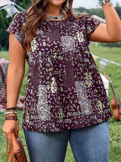 EMERY ROSE Women's Plus Size Burgundy Ditsy Floral Casual Shirt,Summer Boho Picnic Vacation Outfits,Western Country Concert Style,Business Formal Clothing