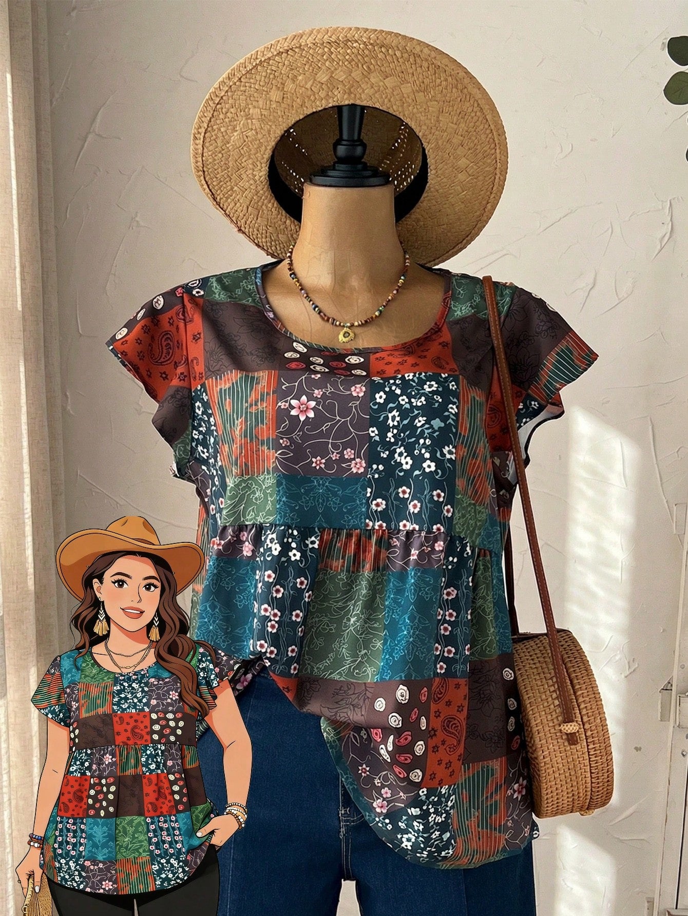 EMERY ROSE Women's Plus Size Burgundy Ditsy Floral Casual Shirt,Summer Boho Picnic Vacation Outfits,Western Country Concert Style,Business Formal Clothing